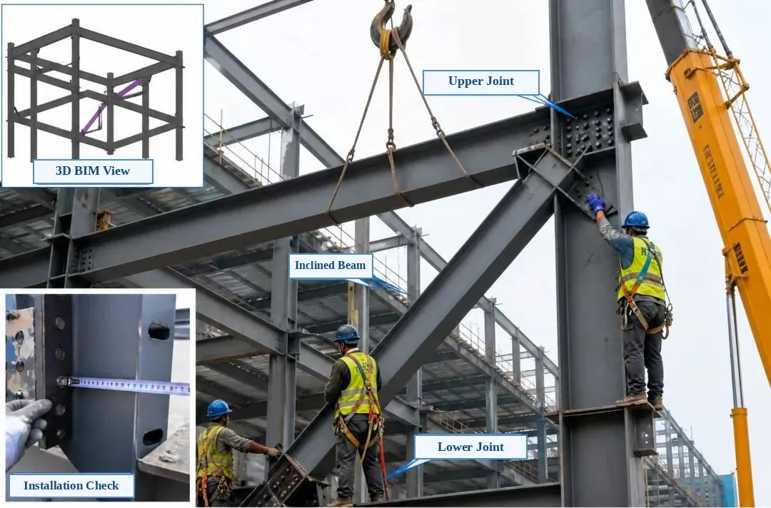 Inclined steel beam installation